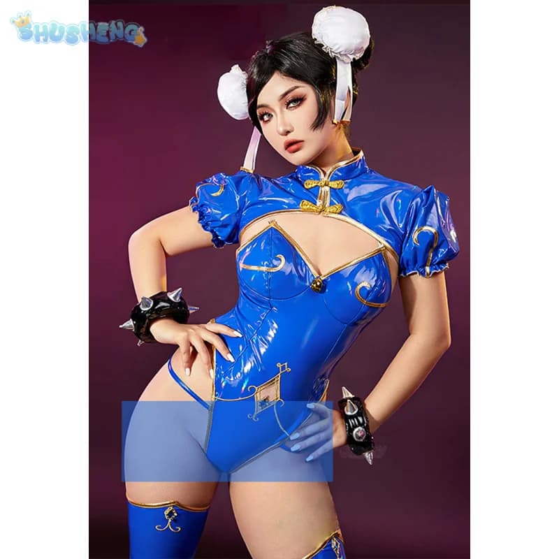 Blue Socks Cheongsam Leather Suit Jewelry Halloween Woman Set Sexy Chun-Li Game Cosplay Street Fighter SF Costume