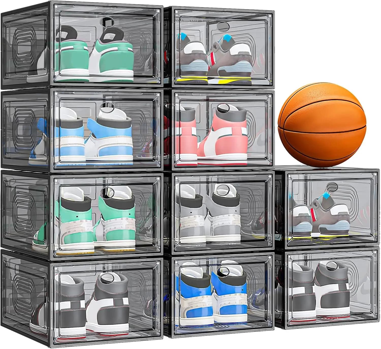 Pack of 10 boxes for stackable shoes with magnetic door, transparent organizer for sneakers, hats and closet display