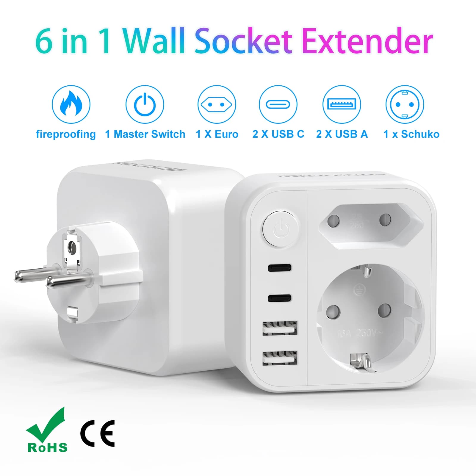 Prolunga per presa a muro con spina europea con 1 presa CA 2 USB QC3.0 e 2 caricabatterie da muro con adattatore multipresa tipo C per viaggi a casa