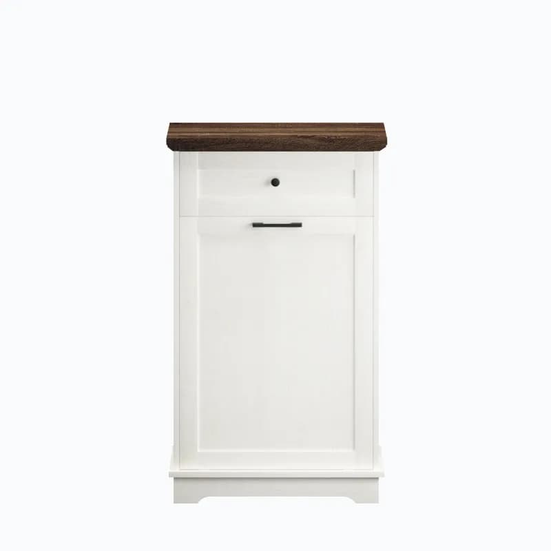 10 Gallon Tilt Out Trash Cabinet Freestanding Trash Bin Cabinet Wood Garbage Recycling Cabinet with Hideaway Drawer Pet Proof Trash Can Holder for Kitchen Living Room, Antique White (not include can)