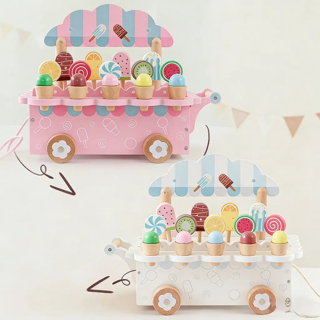 Carrello per gelato realistico Fai finta di giocare con il giocattolo - Set di negozi di giochi di ruolo per bambini con ghiaccioli e coni, carrello interattivo educativo per bambini