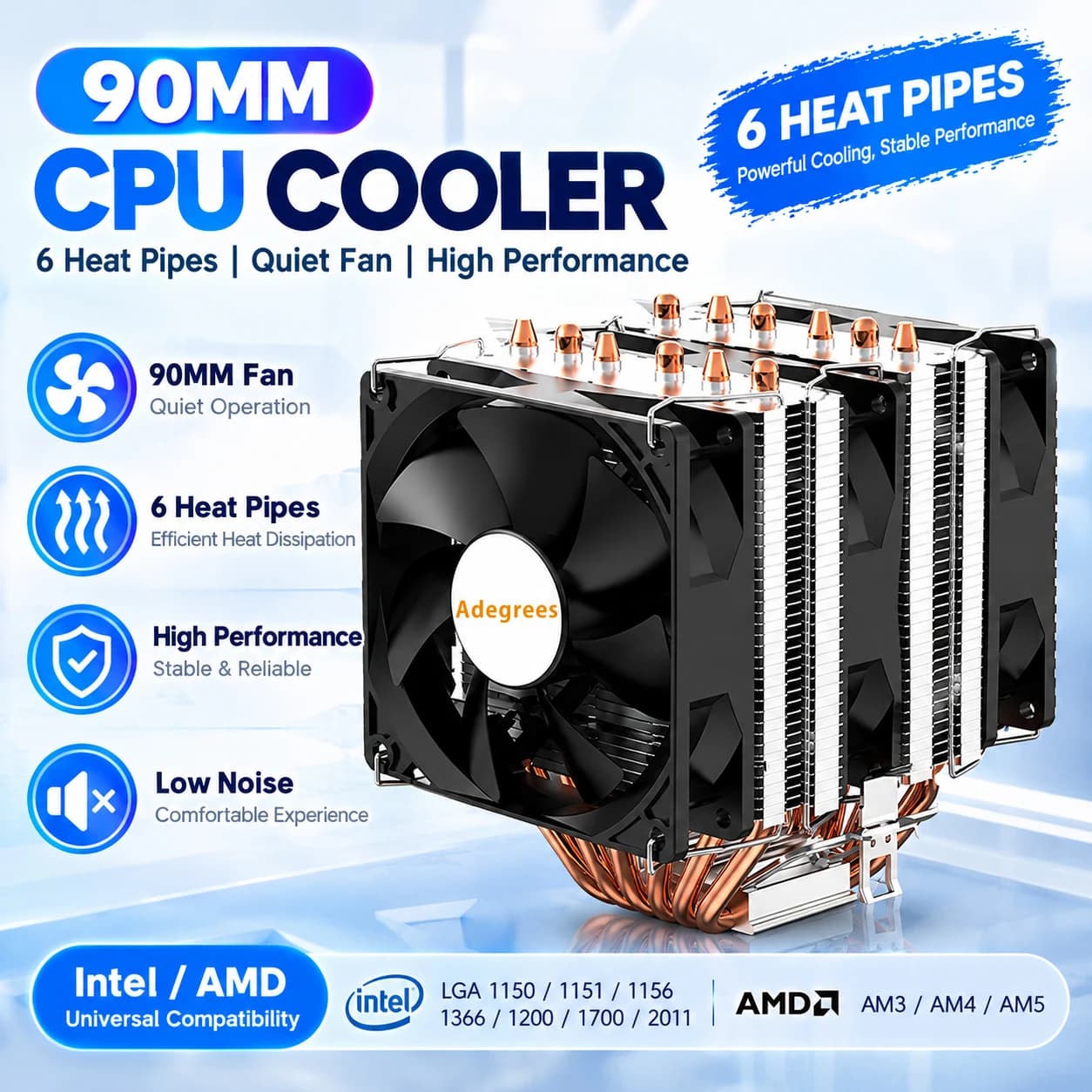 6 Heat Pipe CPU Air Cooler 4Pin PWM Silent Cooling Fan for Intel LGA 1700 1200 115X 2011 1366 X79 X99 AMD AM4 AM5