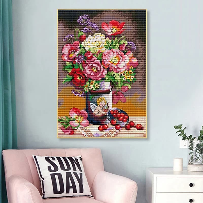 Cupid's Flower DIY Handmade Cross Stitch Floral pattern Needlework Aida 11CT 14CT Canvas Printed Fabric Kit Home Decoration Gift