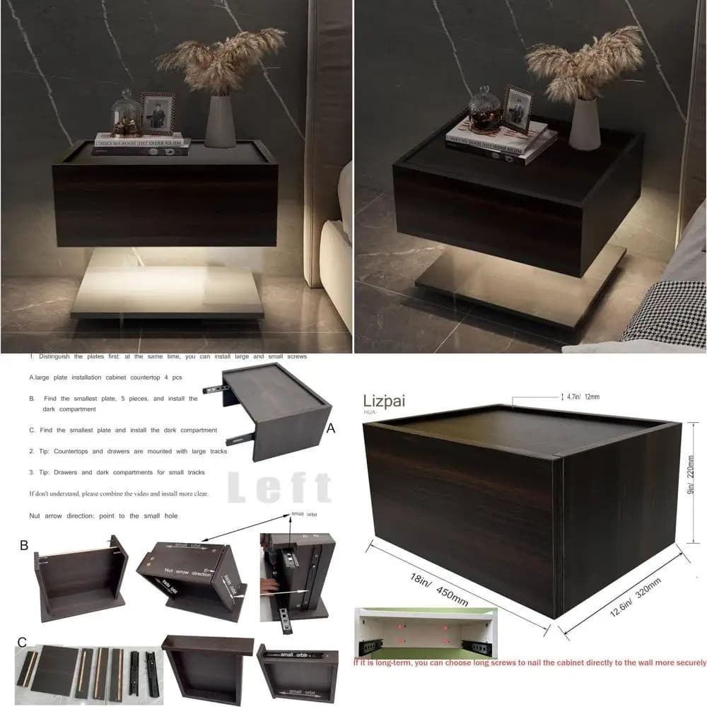 Wall Floating Bedside Table with Drawer - Sleeping Night Table in Black for Large Rooms