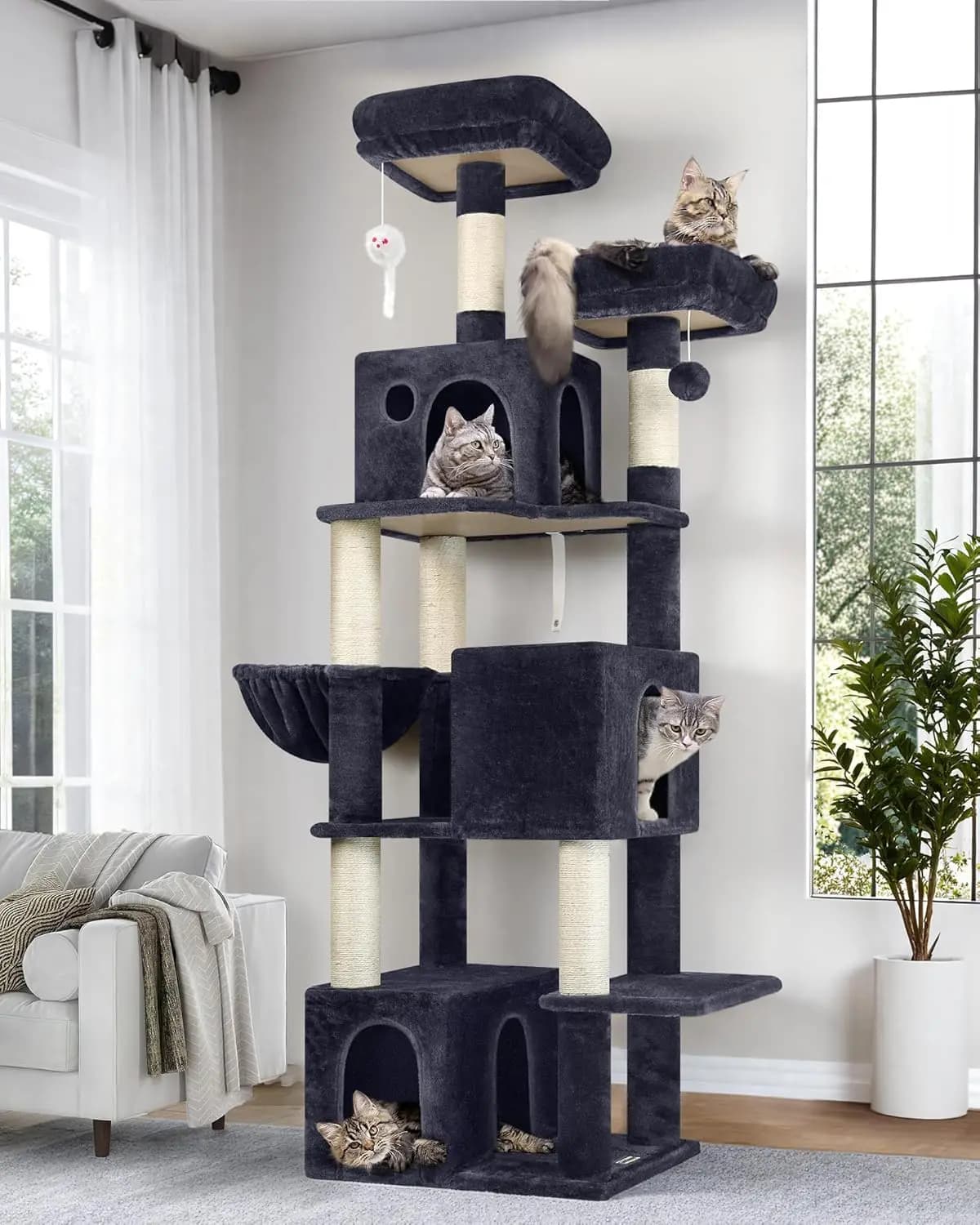 Albero per Gatti Alto 71 Pollici con Cucce Multi-Livello, Tiragraffi e Cesto Sospeso per Gatti da Interno
