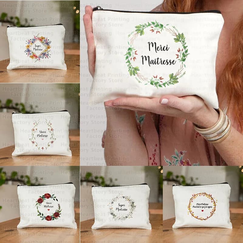 Grazie padrona Stampa francese Borse grandi Custodia da viaggio per il lavaggio Custodia per trucco Regalo per insegnanti Borsa per cosmetici Borse per matite per studenti
