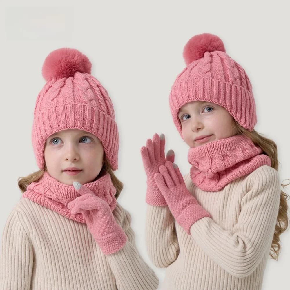 Solid Color Baby Hat Scarf Gloves Set Cute Pompom Warm Ears Toddler Knitted Hats Thickened Keep Warm Kids Hat Set Outdoor