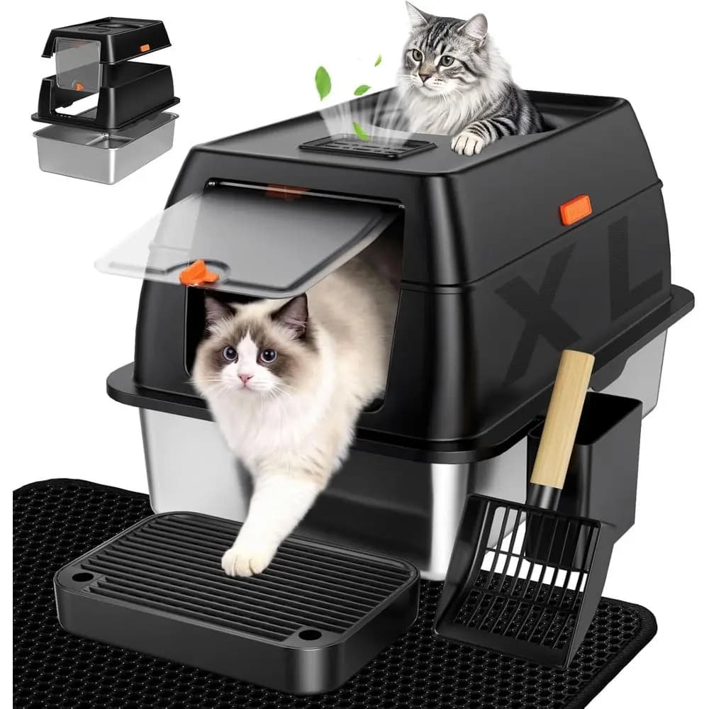 Lettiera per Gatti Chiusa in Acciaio Inossidabile di Grandi Dimensioni con Coperchio, Vaschetta con Bordi Alti, Porta per Animali Domestici, Controllo Odori, Facile da Pulire, Include
