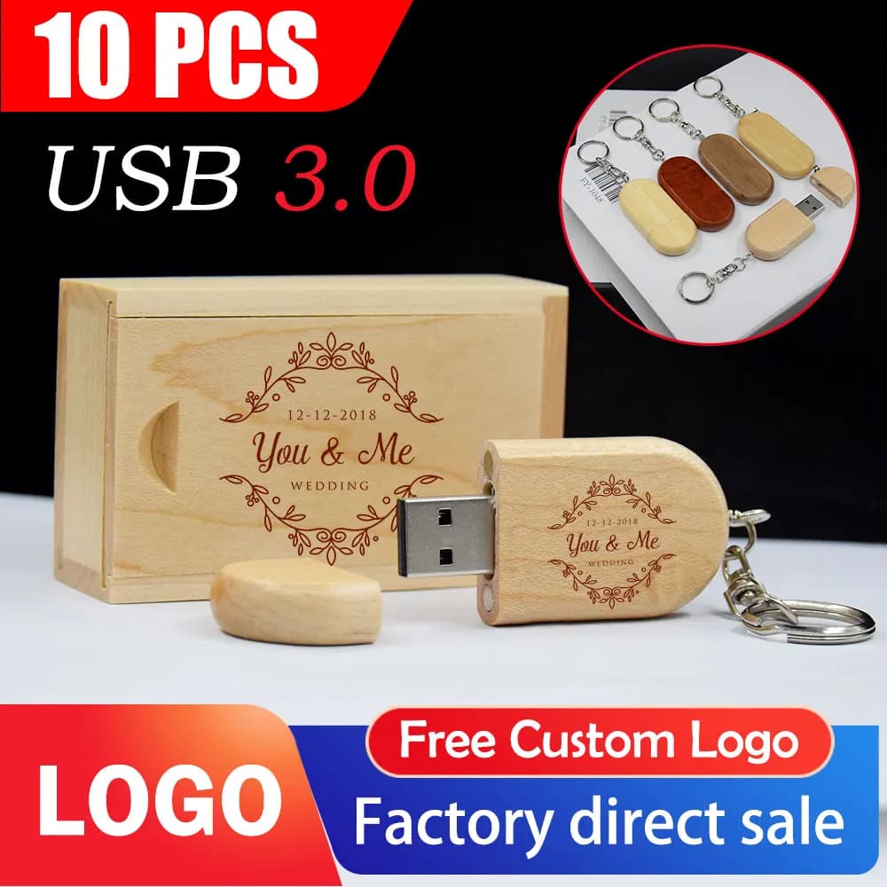 10 Pz/lotto Legno USB 3.0 Flash Drive 64GB Penna usb 128GB Pen Drive U Disco 32GB Memory Stick LOGO Libero Fotografia Regali di Nozze