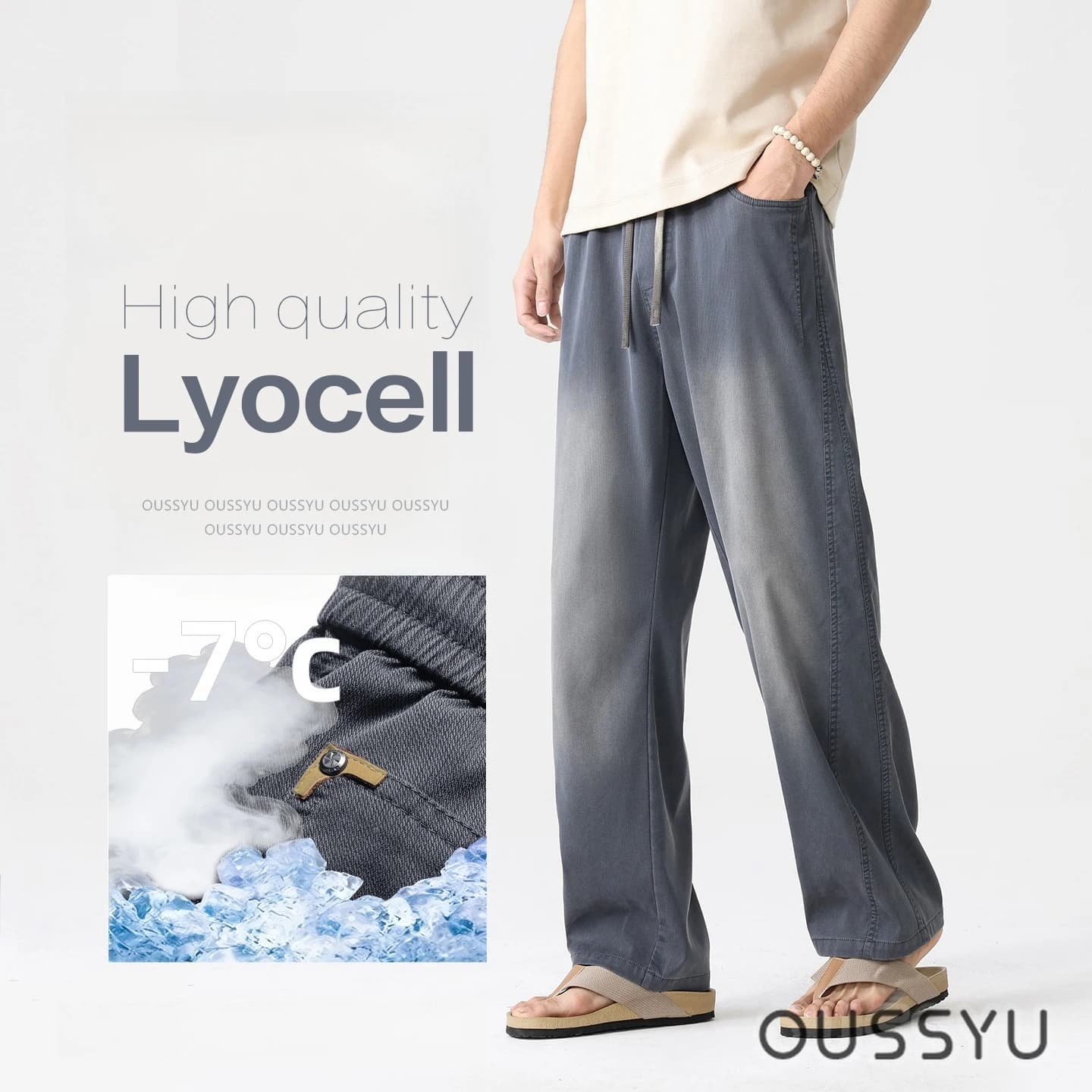 Spring Summer Thin Cool Feeling Men's Jeans Lyocell Fabric Baggy Straight Casual Denim Pants Breathable Long Trousers Vacation