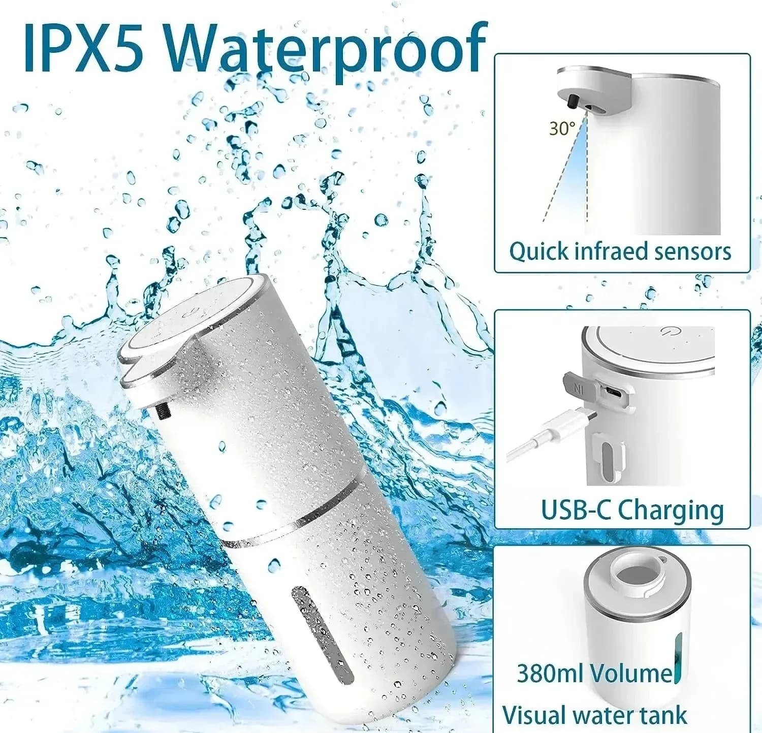 Dispenser automatico di sapone in schiuma touchless 380ml USB ricaricabile 4 livelli regolabili Sensore da cucina per bagno intelligente Casa igienica
