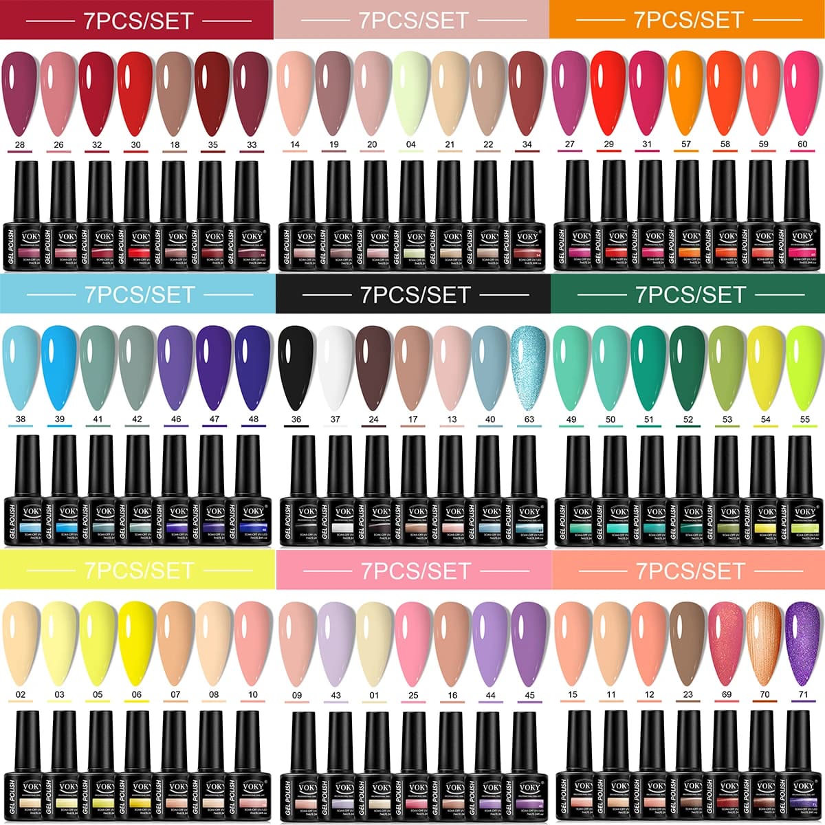 VOKY Set di smalti gel da 7 pezzi, lucido, lunga durata, asciugatura rapida, set per nail art senza alcol, con effetto glitterato
