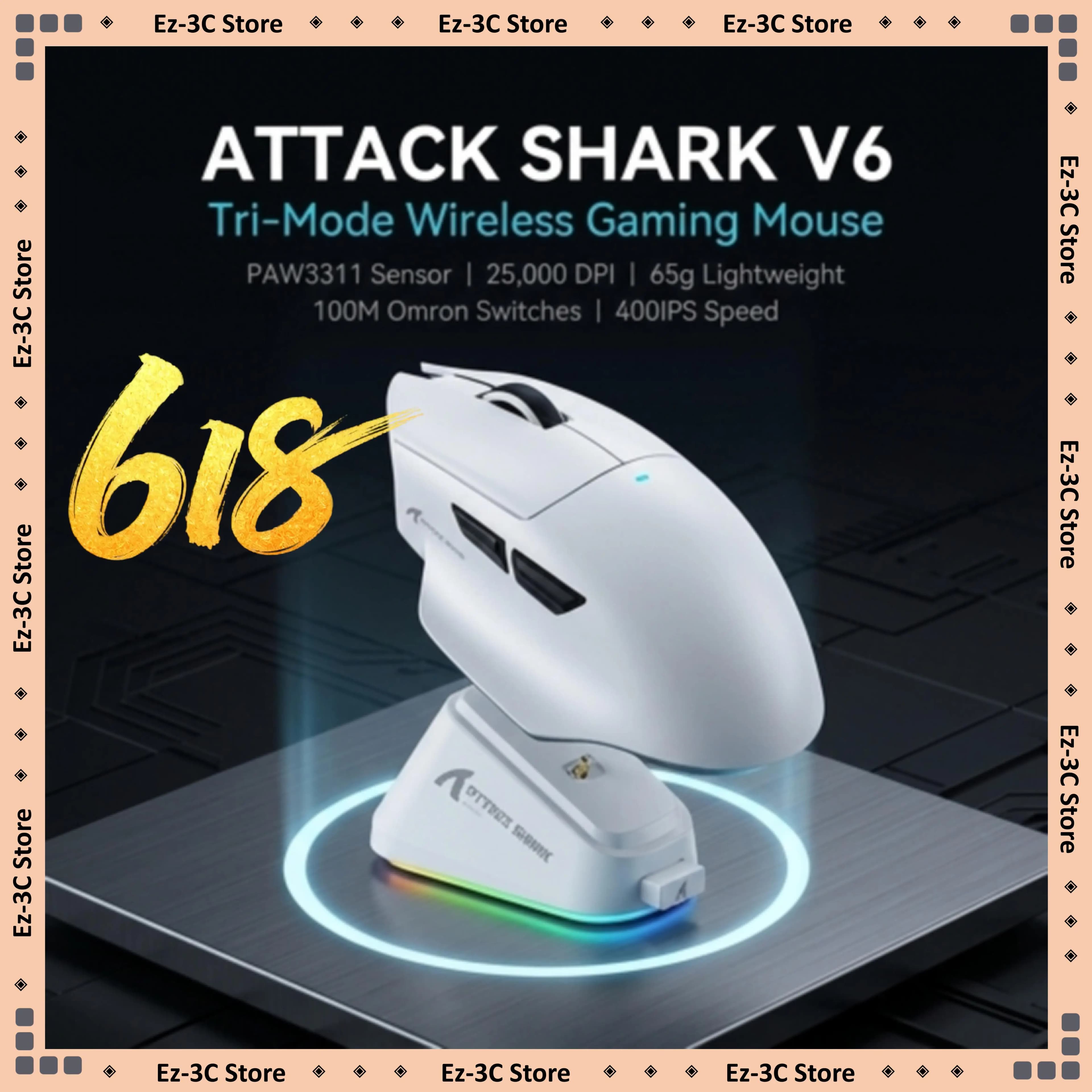 ATTACK SHARK V6 Tri-Mode Gaming Mouse PAW3311 Optical Sensor 800-25000 Adjustable DPI Wired 2.4G Bluetooth 1KHz Polling Rate