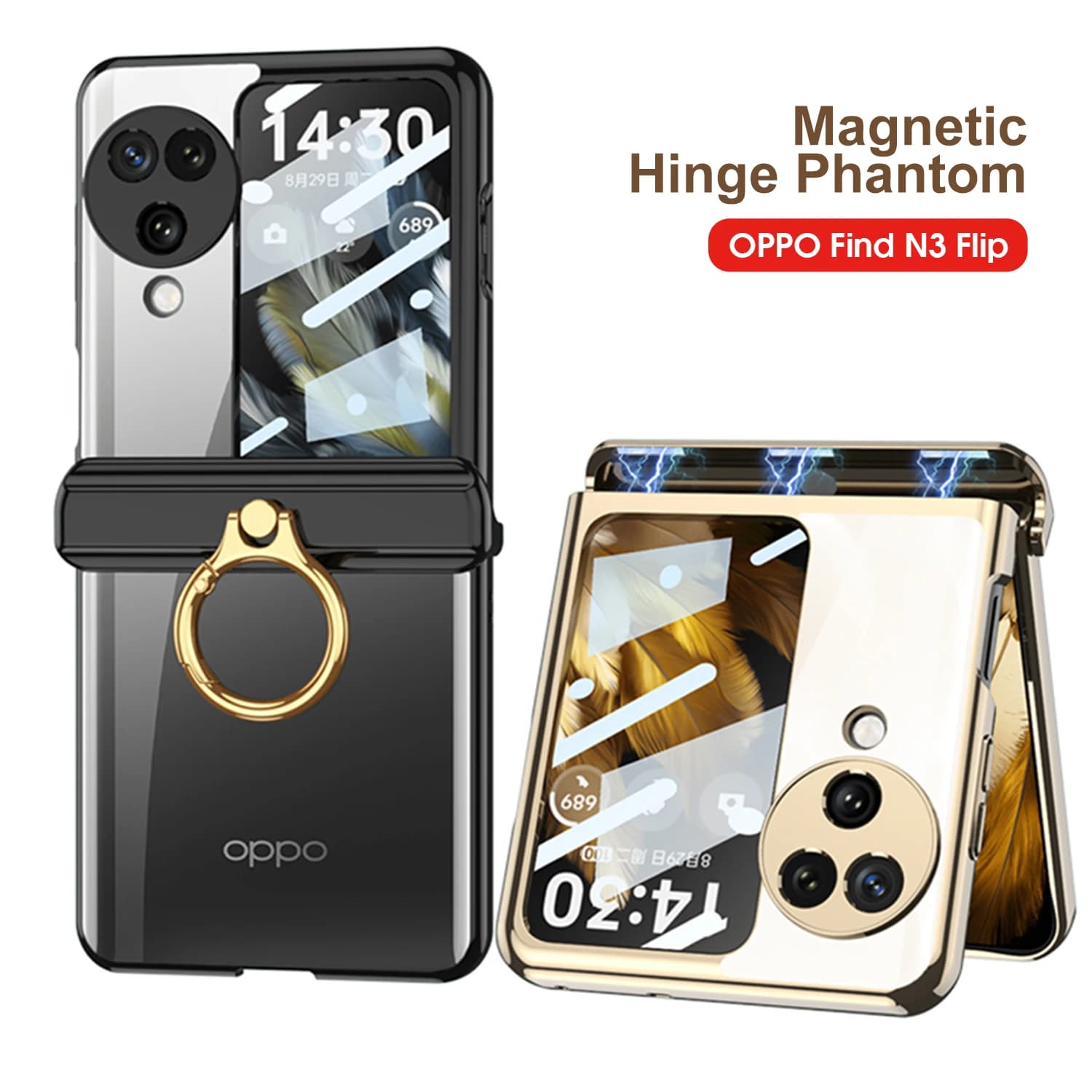 Custodia con anello con cerniera magnetica per Oppo Find N3 Flip Back Screen Custodia in plastica trasparente con placcatura in vetro