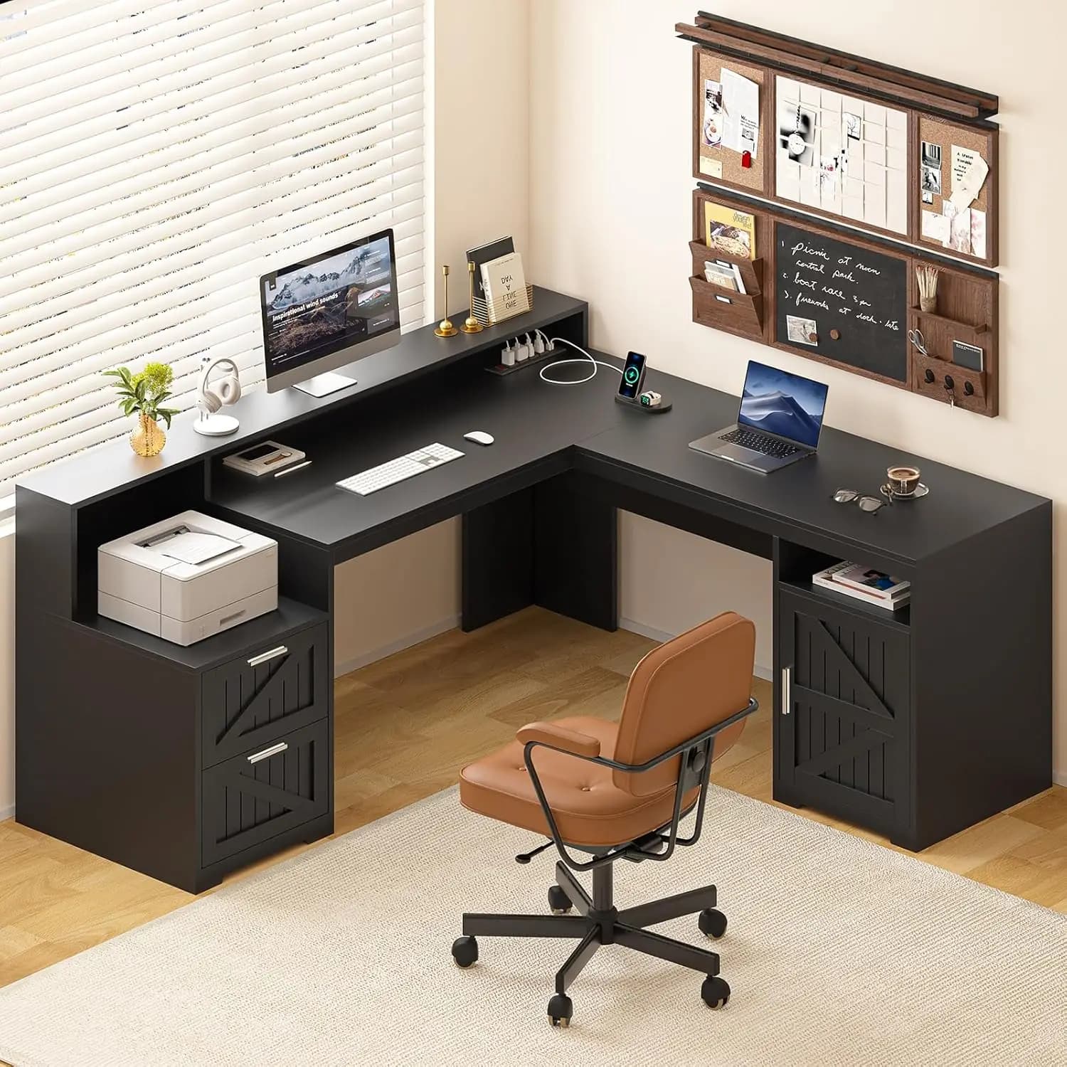 Scrivania ad angolo a L da 63 pollici con cassetti, ripiano, prese di corrente e supporto per monitor per ufficio domestico, personalizzabile