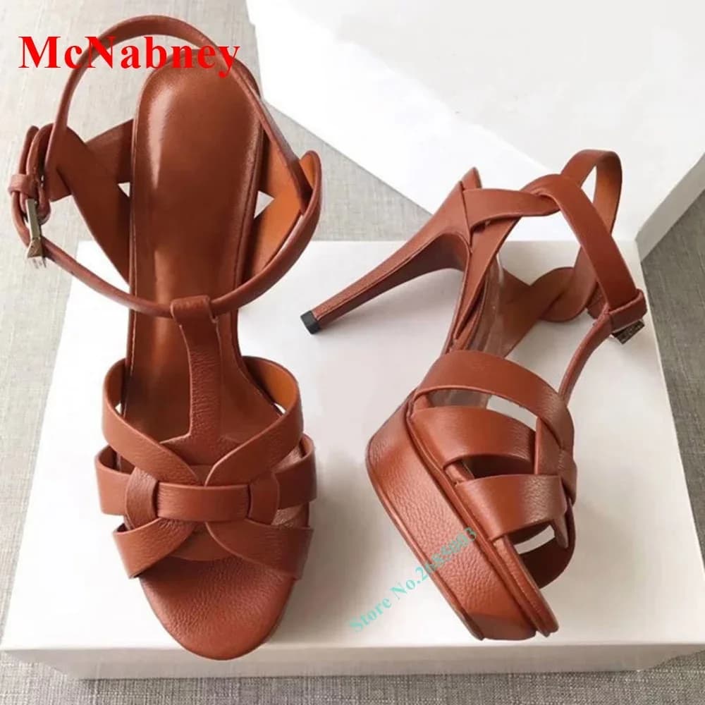 Sandali con fibbia alla caviglia solida con nodo intrecciato Piattaforma open toe Tacco alto sottile Slingback Sandalo moda Scarpe da donna Sandalo estivo in pelle