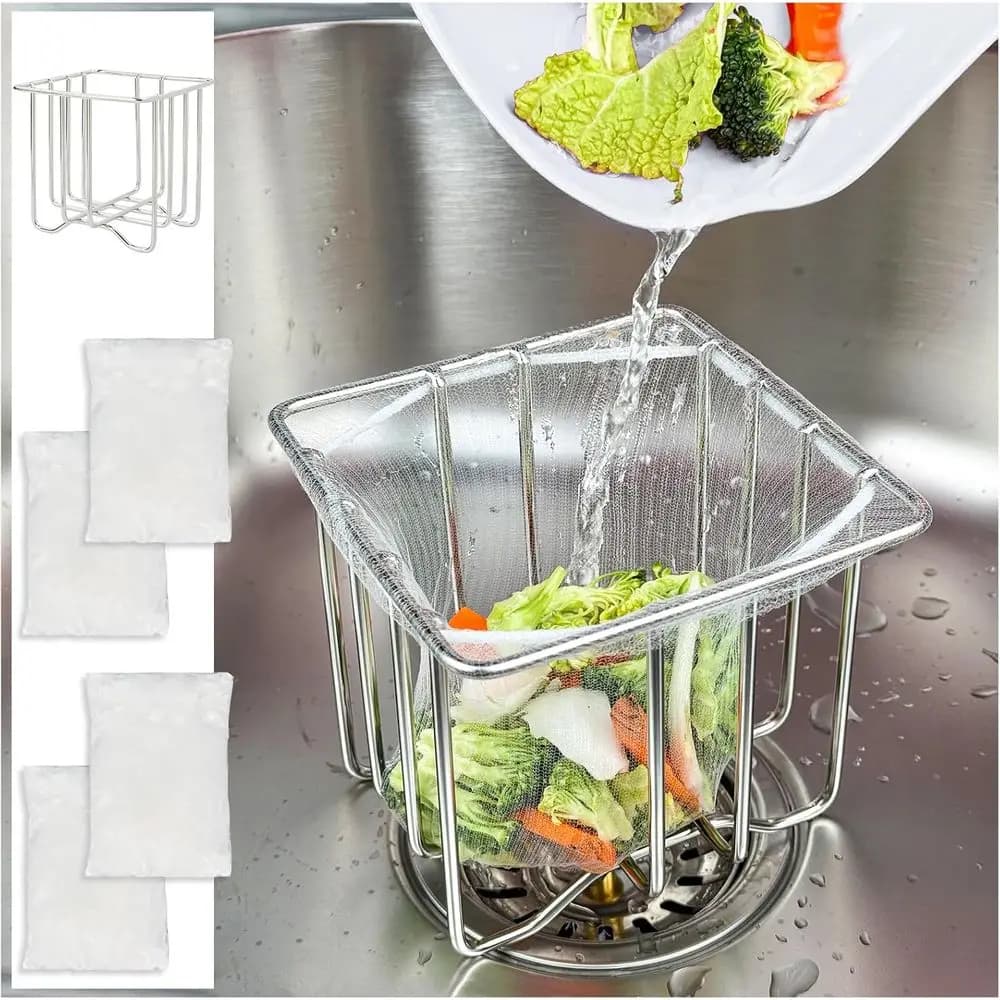 Filtro per Lavello da Cucina con Cestello e 200 Sacchetti Filtranti, Raccoglitore di Rifiuti e Cibo per Scarico
