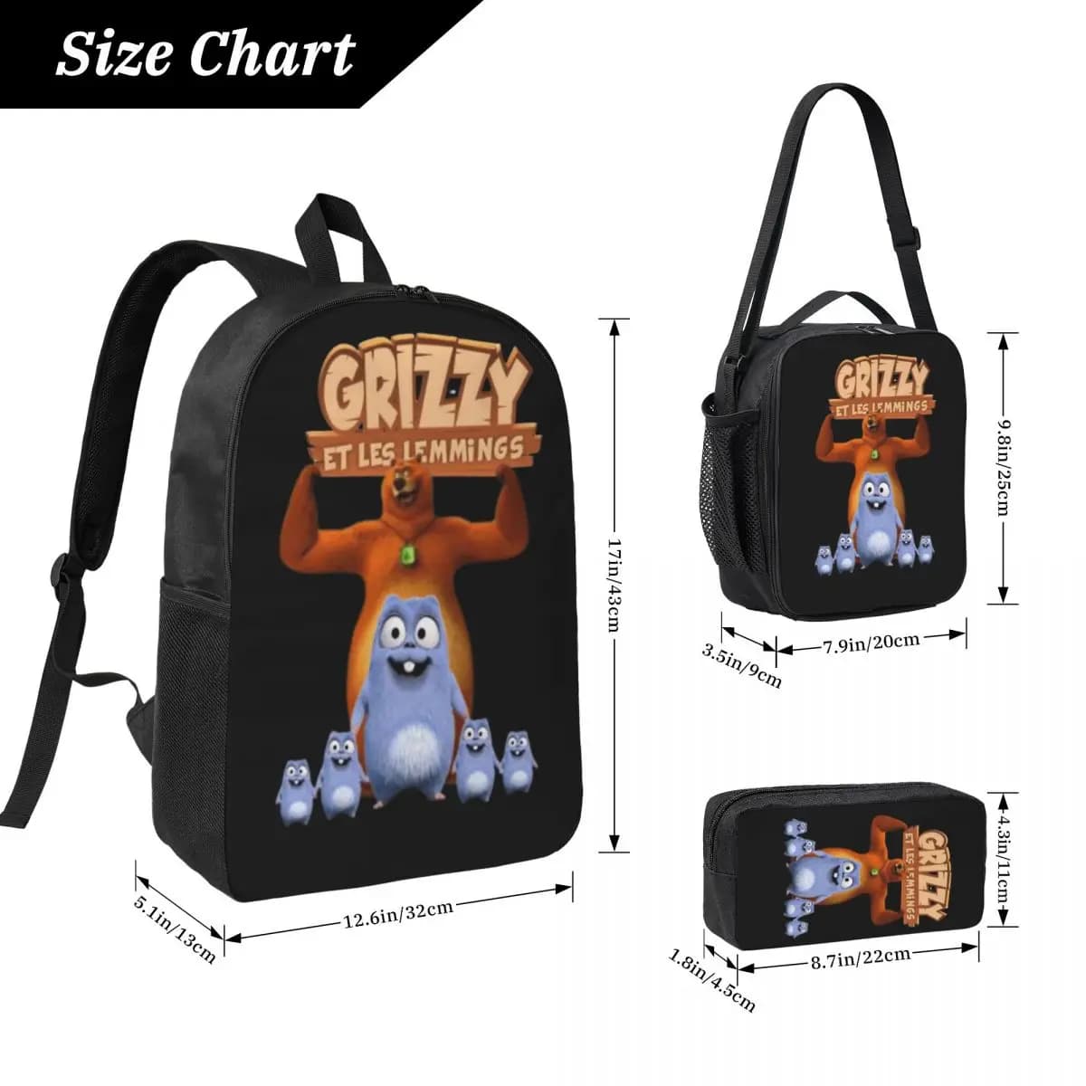 Grizzy And Lemmings Backpack Student Boys Girls BookBag School Bag Laptop Shoulder Bags 3ps Insulated Lunch Bag Pencil Case