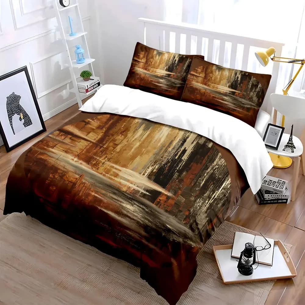 3Pcs Abstract Oil Painting Bedding Set, Brown and Gold Cityscape Print Duvet Cover + 2 Pillowcases, Modern Art Decor