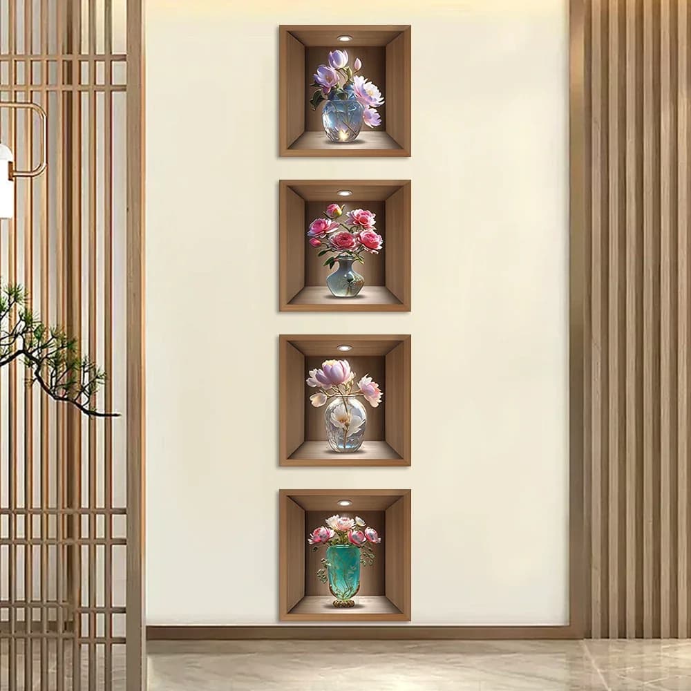 11 styles cabinet decoration simulation plant oil resistant pot and waterproof PVC frameless wall sticker