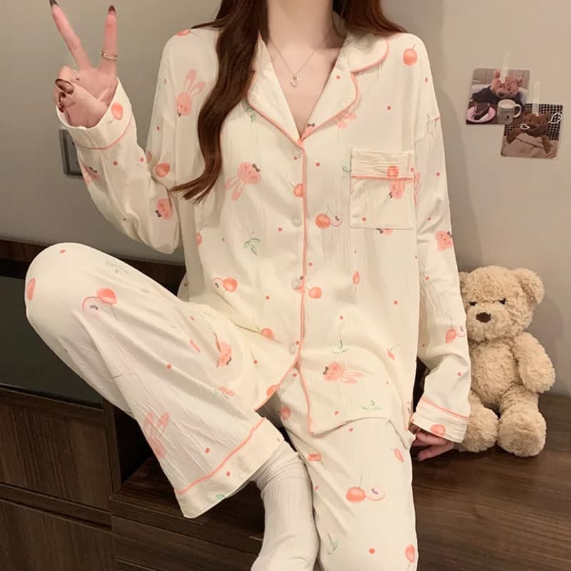 Pigiama in tessuto rugoso nuovo stile primavera e autunno Set pigiama a maniche lunghe da donna in stile casual con coniglio dolce e carino