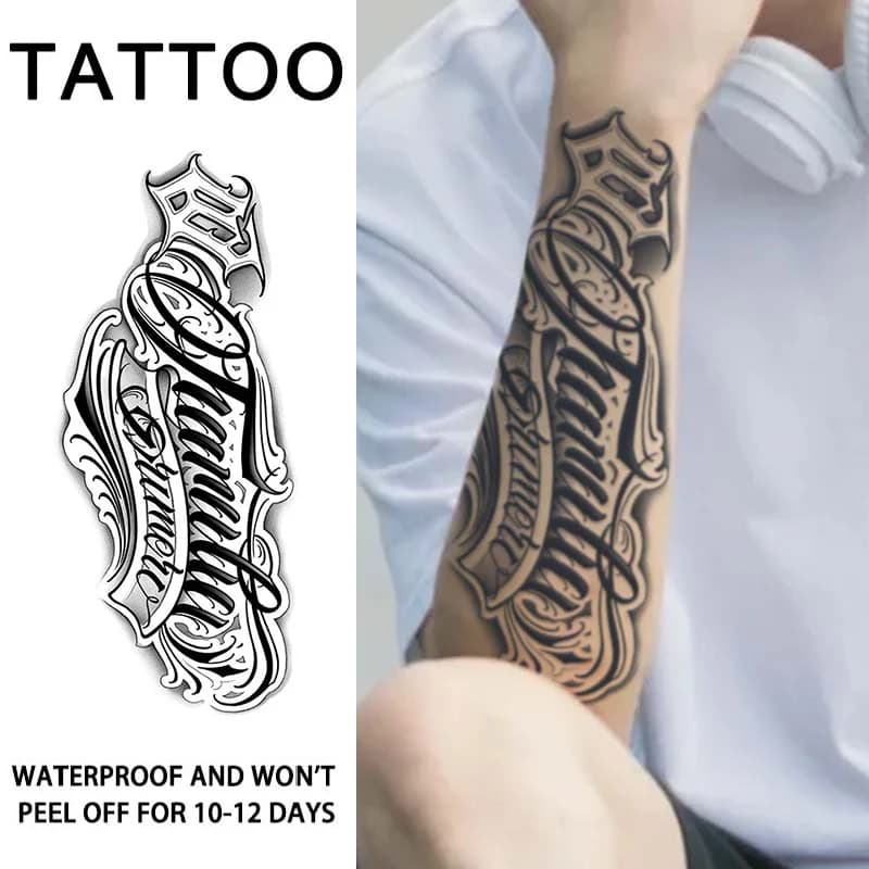 Tatuaggio temporaneo impermeabile per braccio con carattere scritto a mano da 1 pezzo, 1-2 settimane di lunga durata, tatuaggio finto semipermanente realistico per braccio, gamba.