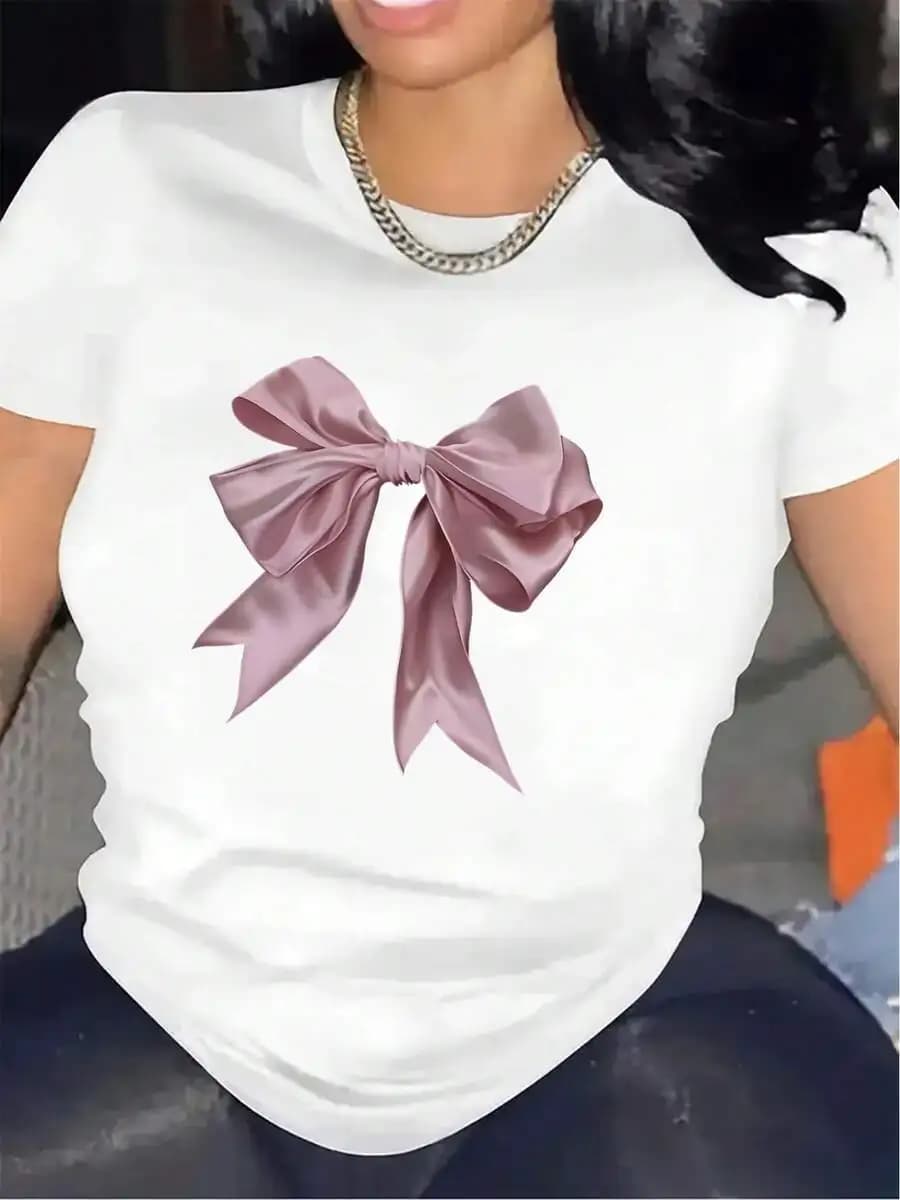 Polyester Short Sleeve T-Shirt With Bow For Restaurant Wear, Lightweight Comfortable Casual Top