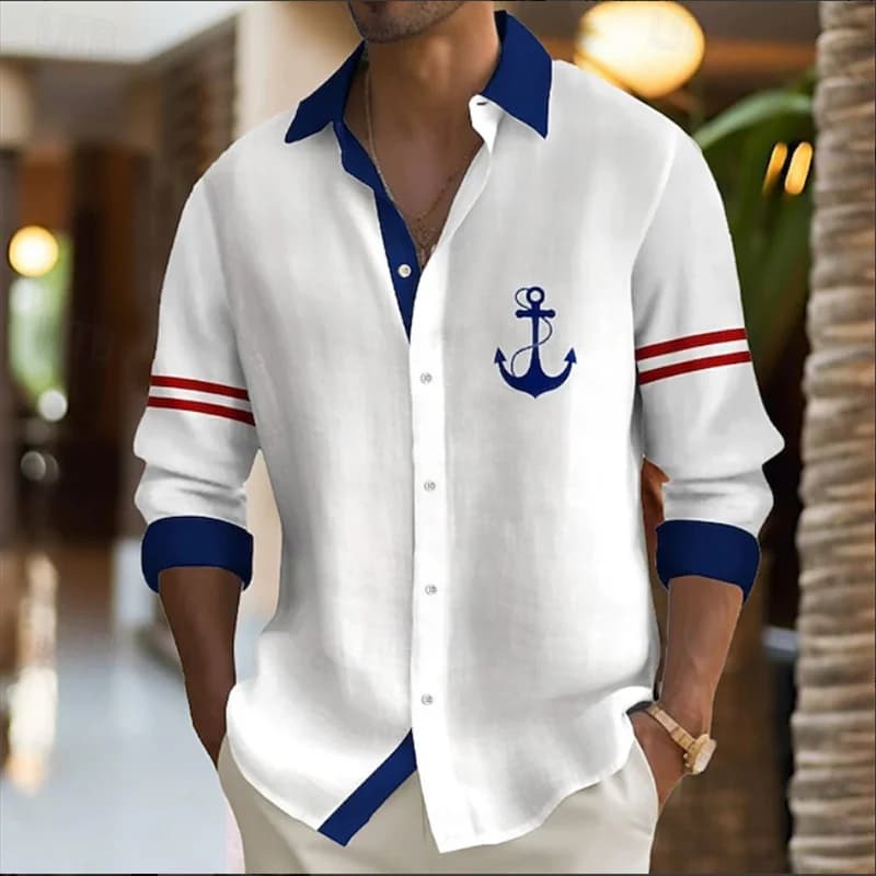 Camicia da uomo, Camicia con bottoni, Camicia casual Primavera Estate Stampa di ancoraggio per barche Manica lunga Moda quotidiana Confortevole