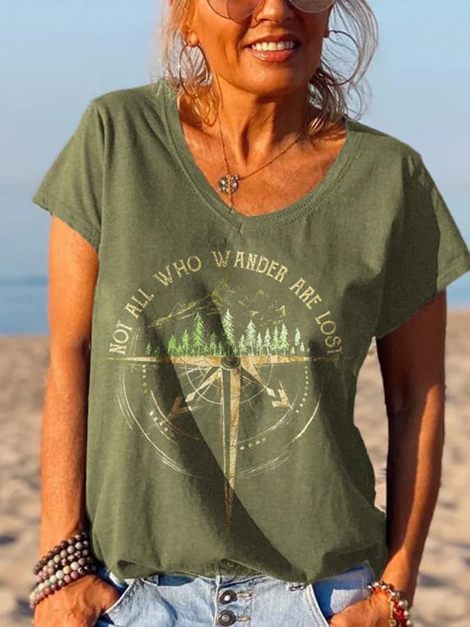 NUOVE T-shirt da donna a maniche corte, casual, con scollo a V, stampa con lettere, stile hippie, top estivi