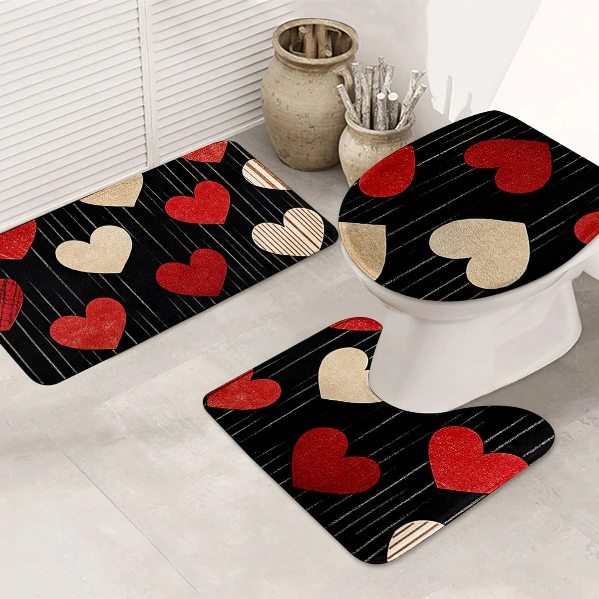 Set di tappetini da bagno da 3 pezzi per San Valentino: tappeti da pavimento in poliestere antiscivolo e lavabili per l'arredamento del bagno, della cucina e della camera da letto inclusi