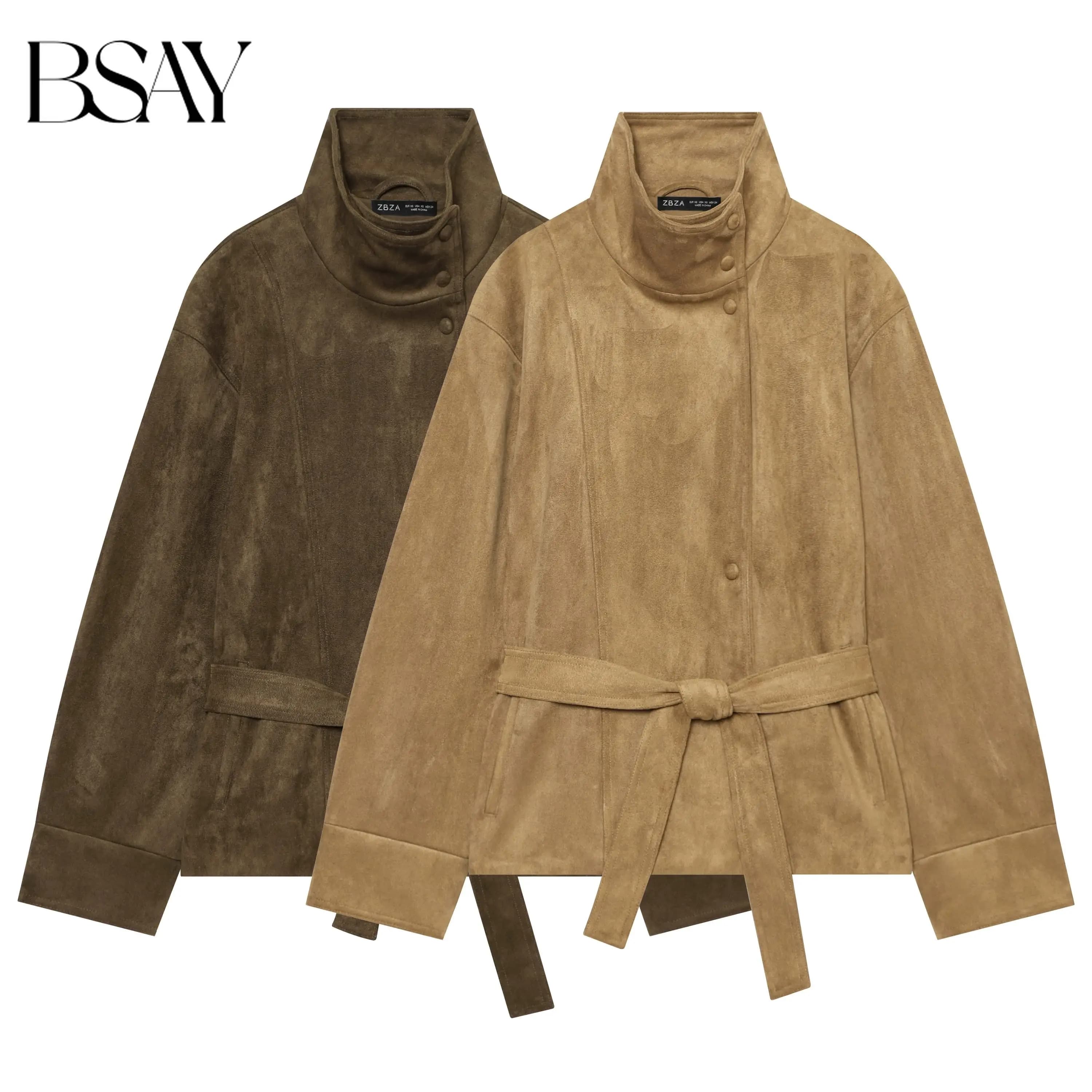 BSAY 2026 Women American Vintage Faux Suede Stand Collar Belted Waist Jacket Long Sleeve Loose Fit Autumn Daily Outerwear Coat