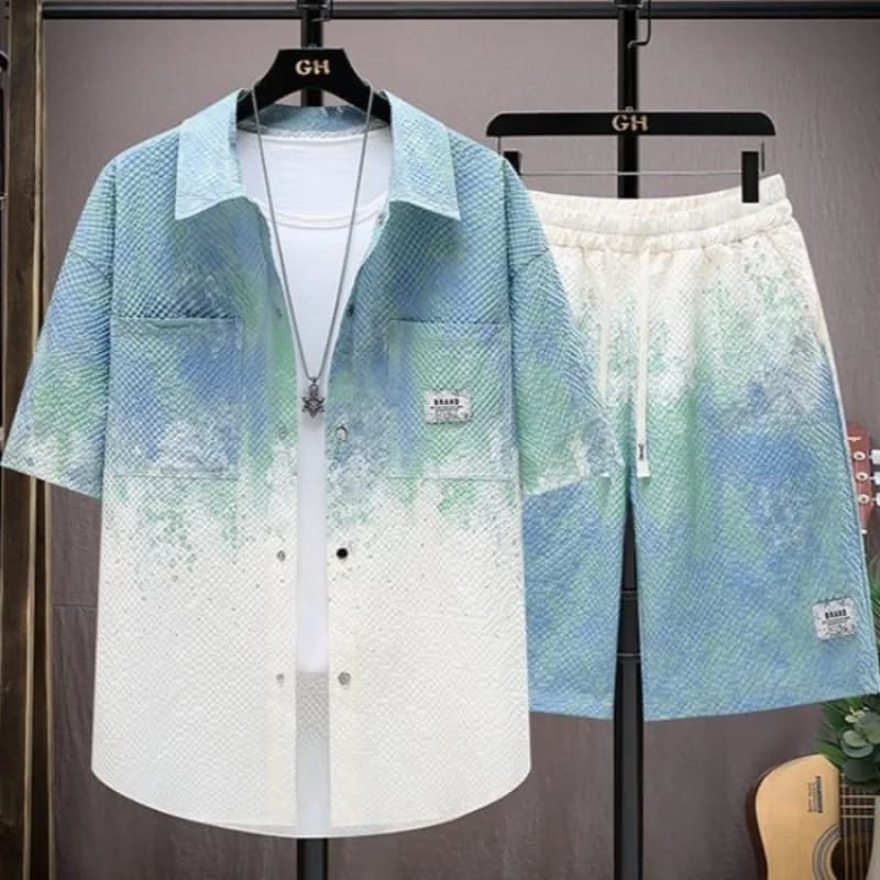 Complete summer look for men, shorts set and short sleeve shirt, casual youth clothing, light and breathable