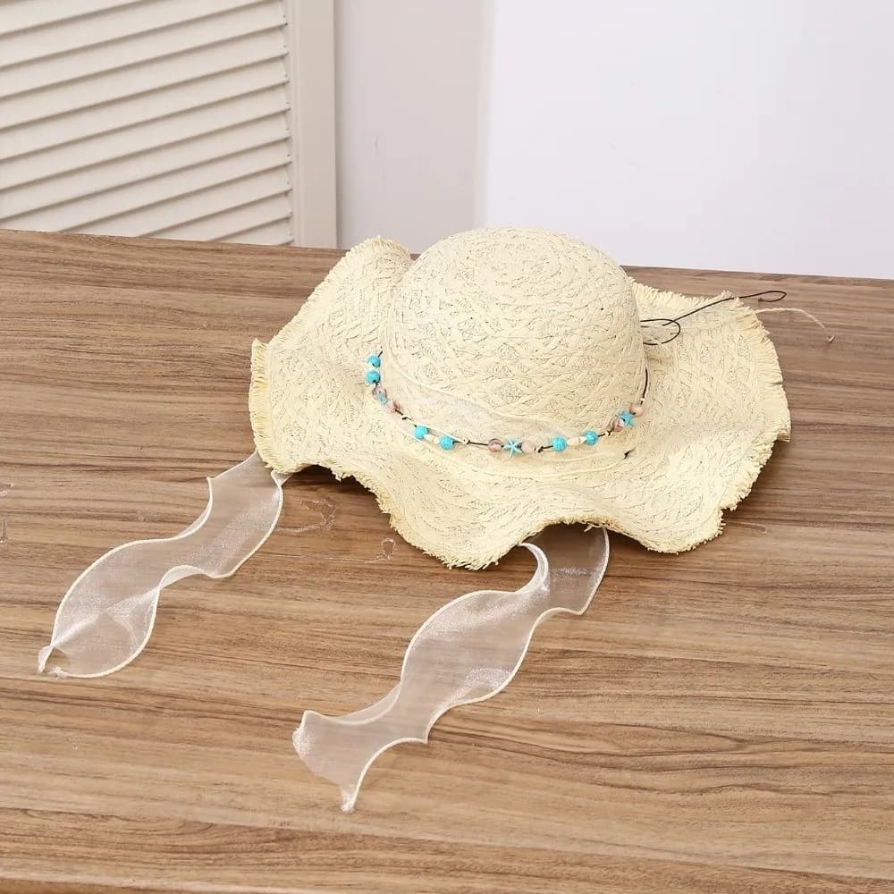 Women's Sun Hat in Paglia with Tesa Larga and Pizzo, Lightweight and Breathable, Sombrero Style, with Turquoise Detail, Ideal for Holiday and Beach, for Live Shows