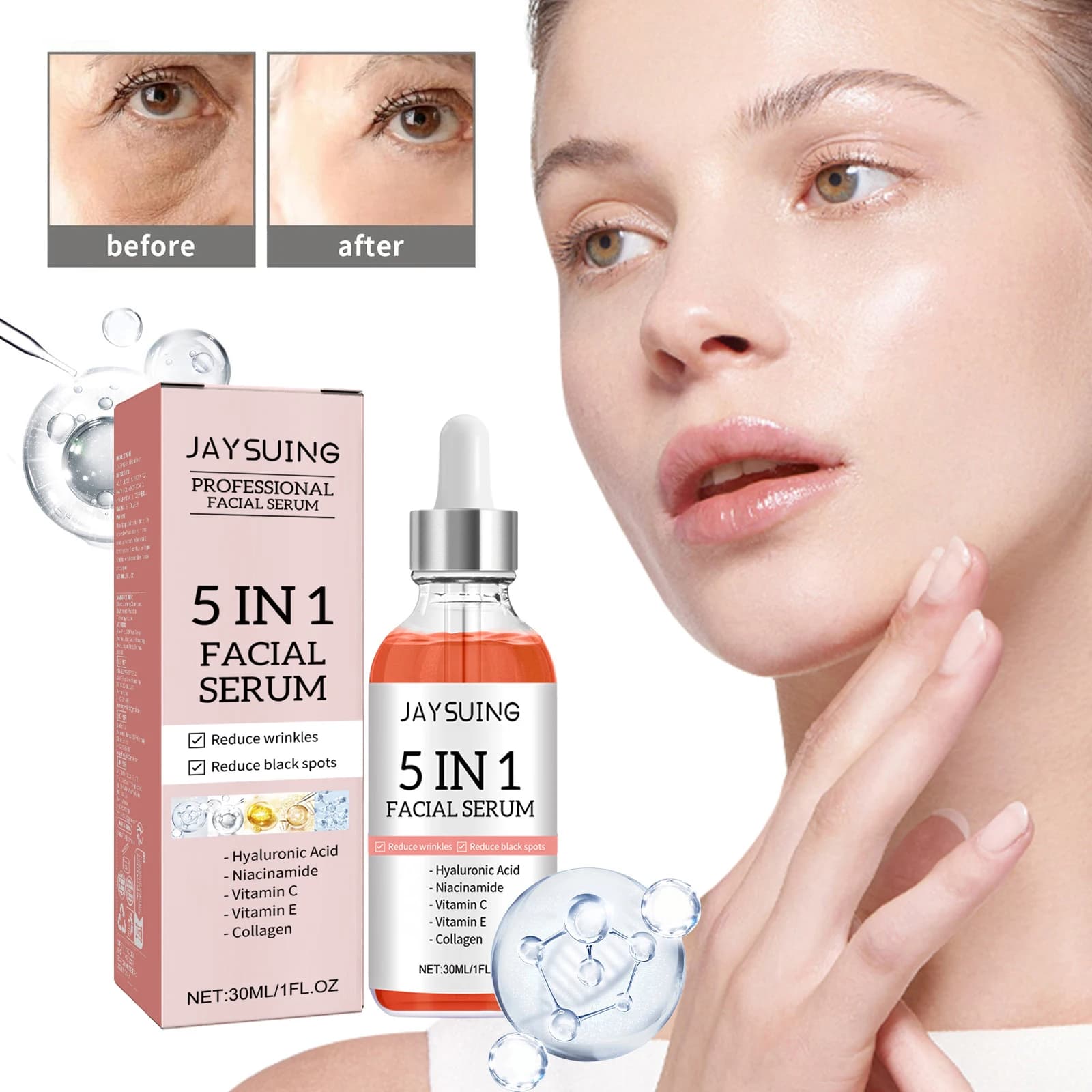 Siero Viso 5 in 1 con Vitamina C, Idratante, Illuminante, Anti-Rughe, Anti-Invecchiamento, Niacinamide, Acido Ialuronico, Essenza per la Cura della Pelle