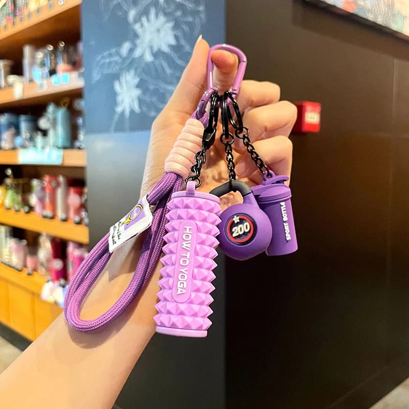 Keychain with Kettlebell handlebars with barbell Mini keyring with foam roller Silicone fitness keychain Gym training gifts for gym lovers