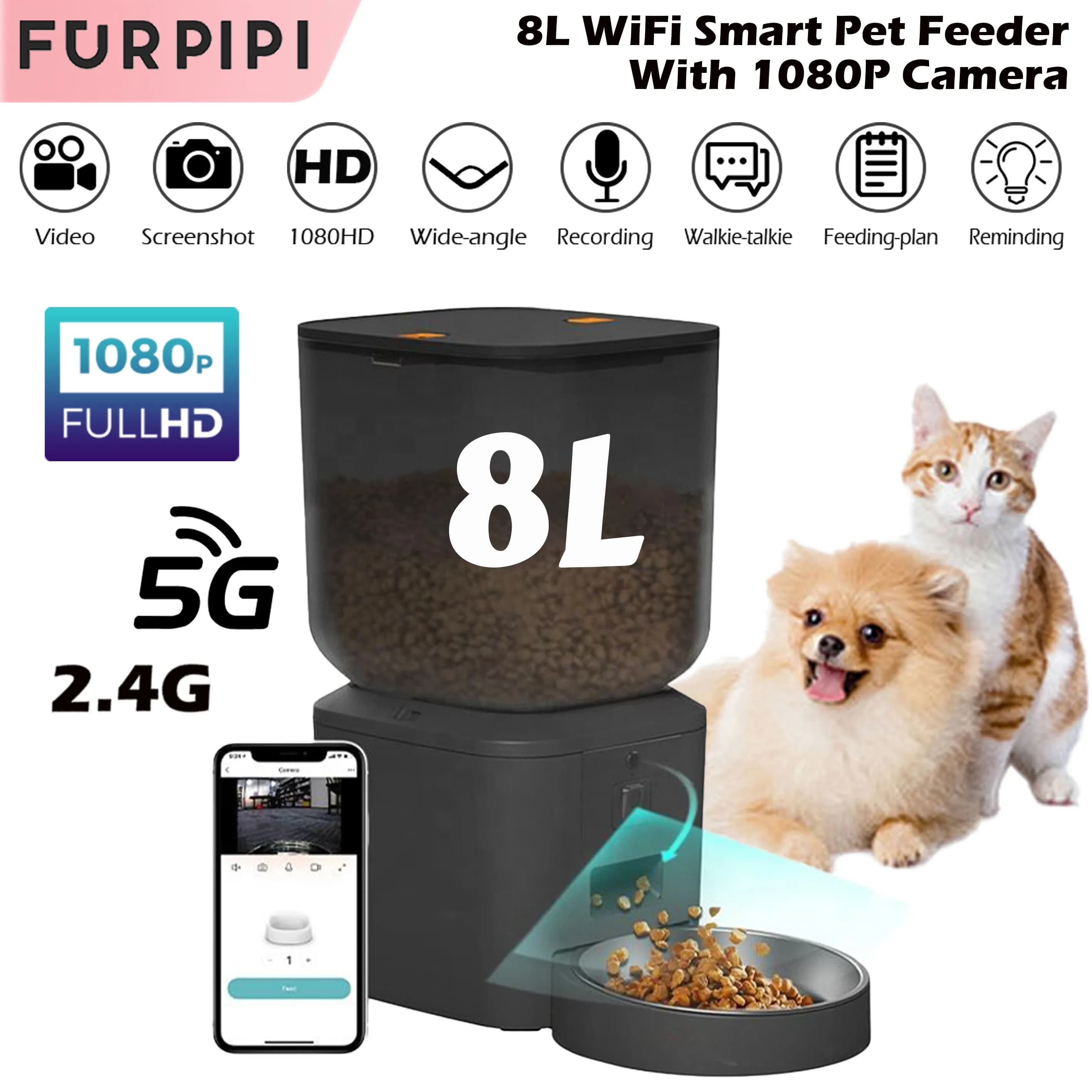 Alimentatore automatico per gatti da 8 litri con videocamera 1080p Video 5G WiFi Dispenser di cibo per gatti Registratore vocale intelligente per animali domestici Tuya APP Alimentatore automatico per animali domestici