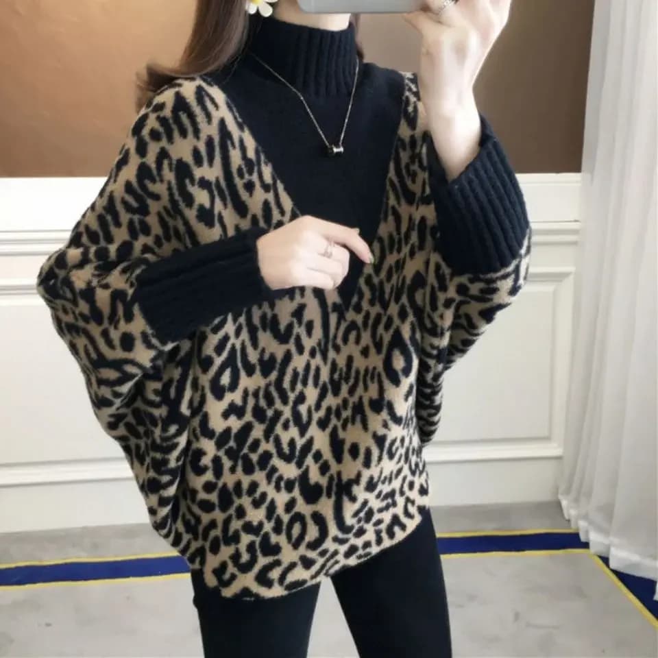 Maglione pullover con maniche a pipistrello leopardate a collo alto per donna Autunno Inverno Top in maglia addensata allentata Abbigliamento donna di moda
