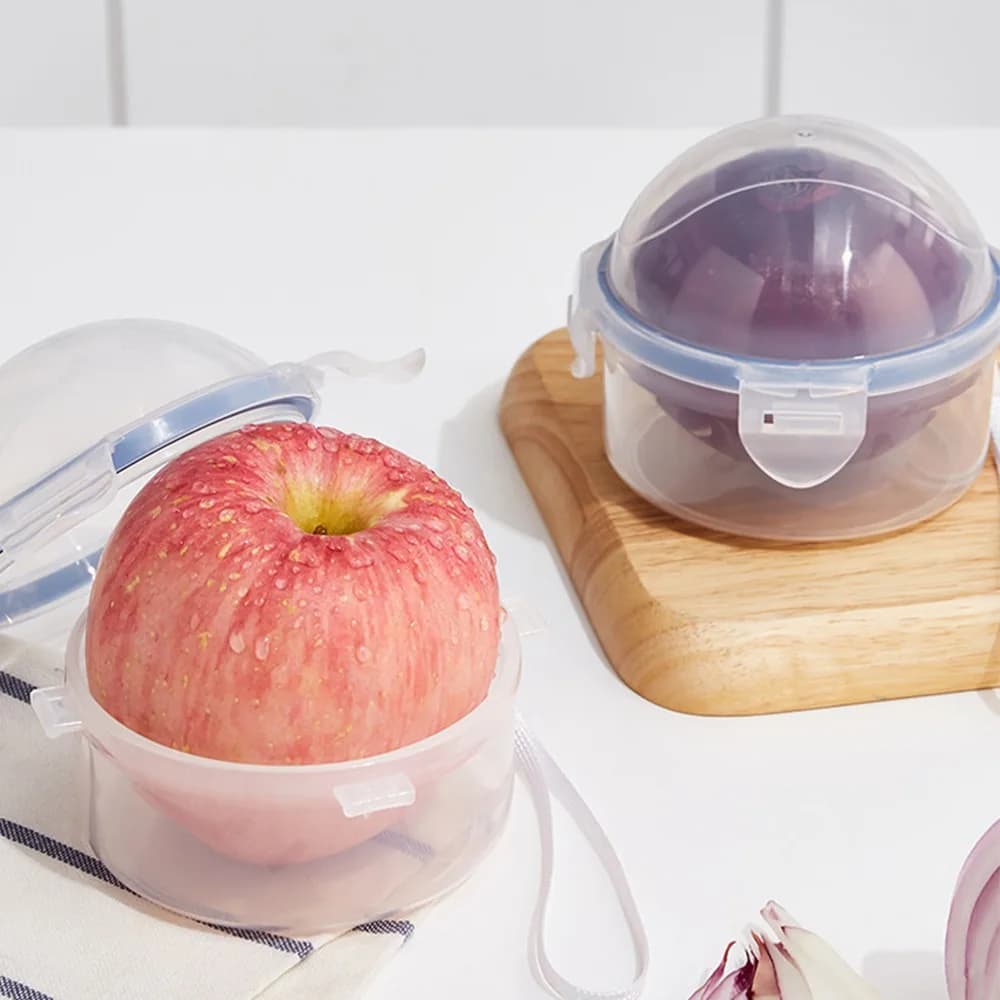 Scatola di conservazione della frutta riutilizzabile scatola di immagazzinaggio della mela trasparente con coperchio scatola di plastica sigillata circolare scatola di risparmio alimentare per frigorifero