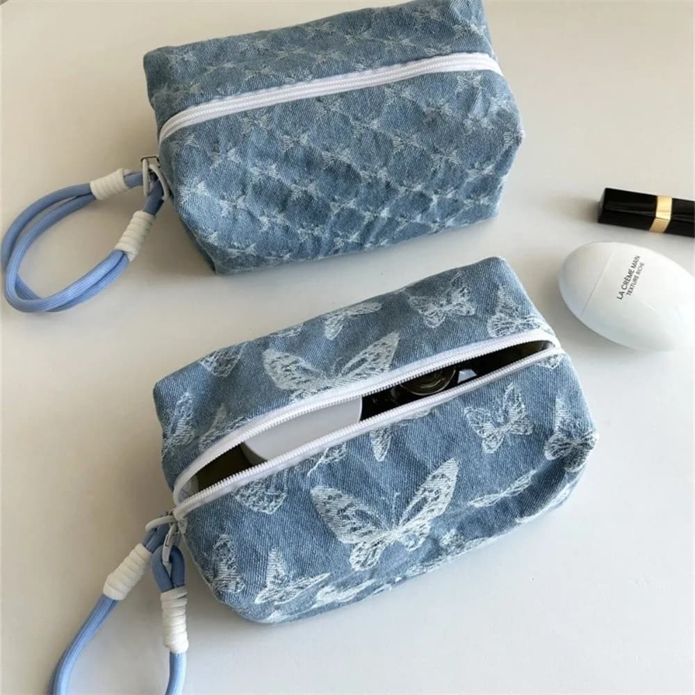 Large Capacity Butterfly Print Cosmetic Pouch Puffy Washable Denim Makeup Bag Pillow Shape Zipper Travel Toiletry Bag