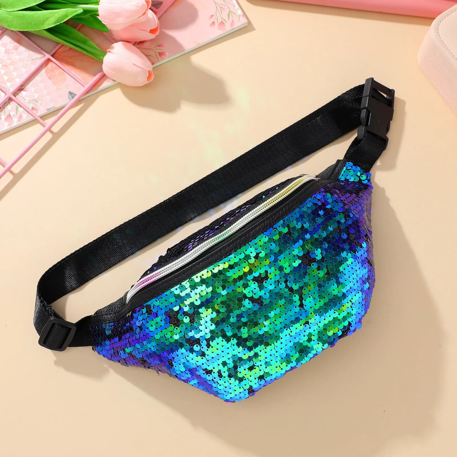 Marsupio a sirena da donna, borsa a tracolla lucida con paillettes, marsupio leggero da corsa per esterni, piccola borsa a tracolla alla moda