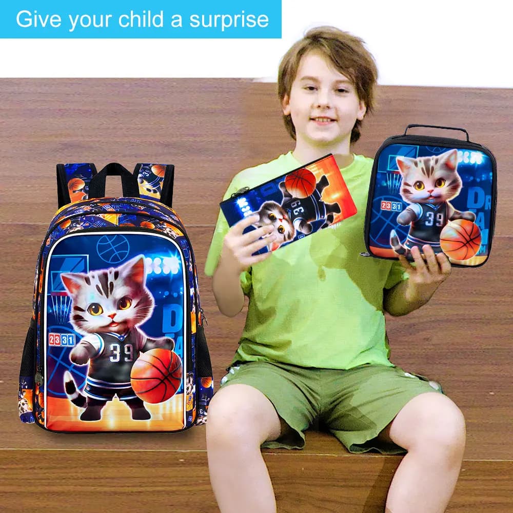 3Pcs 16 Inch Boys Backpack Set, Cool Basketball‑Cat School Bag with Lunch Bag & Pencil Pouch, Lightweight Elementary Bookbag
