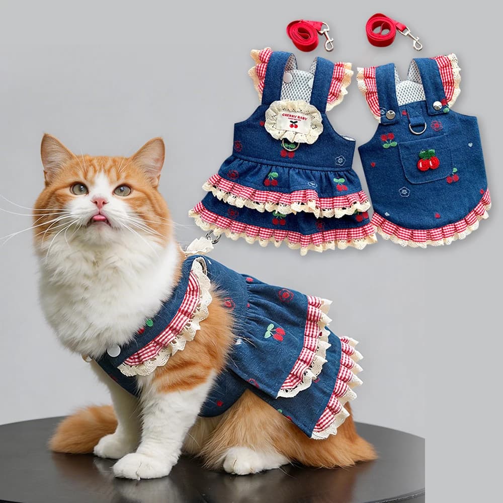 Fashion Denim Dress Harness and Leash Set for Small Dogs Cats - Cute 2-in-1 All-in-One Outfit with Built-in Leash, Adjustable So