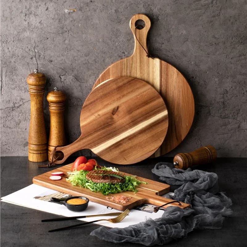 Tagliere in legno di acacia con manico, tagliere rotondo per servire la pala della pizza, supporto per salumi di pane, frutta e verdura al formaggio
