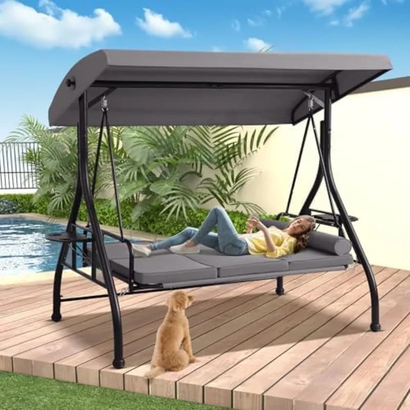 3-Seat Outdoor Porch Swing, Patio Convertible Swings Bed with Stand | Glider with Adjustable Canopy, Cushion, Pillow &