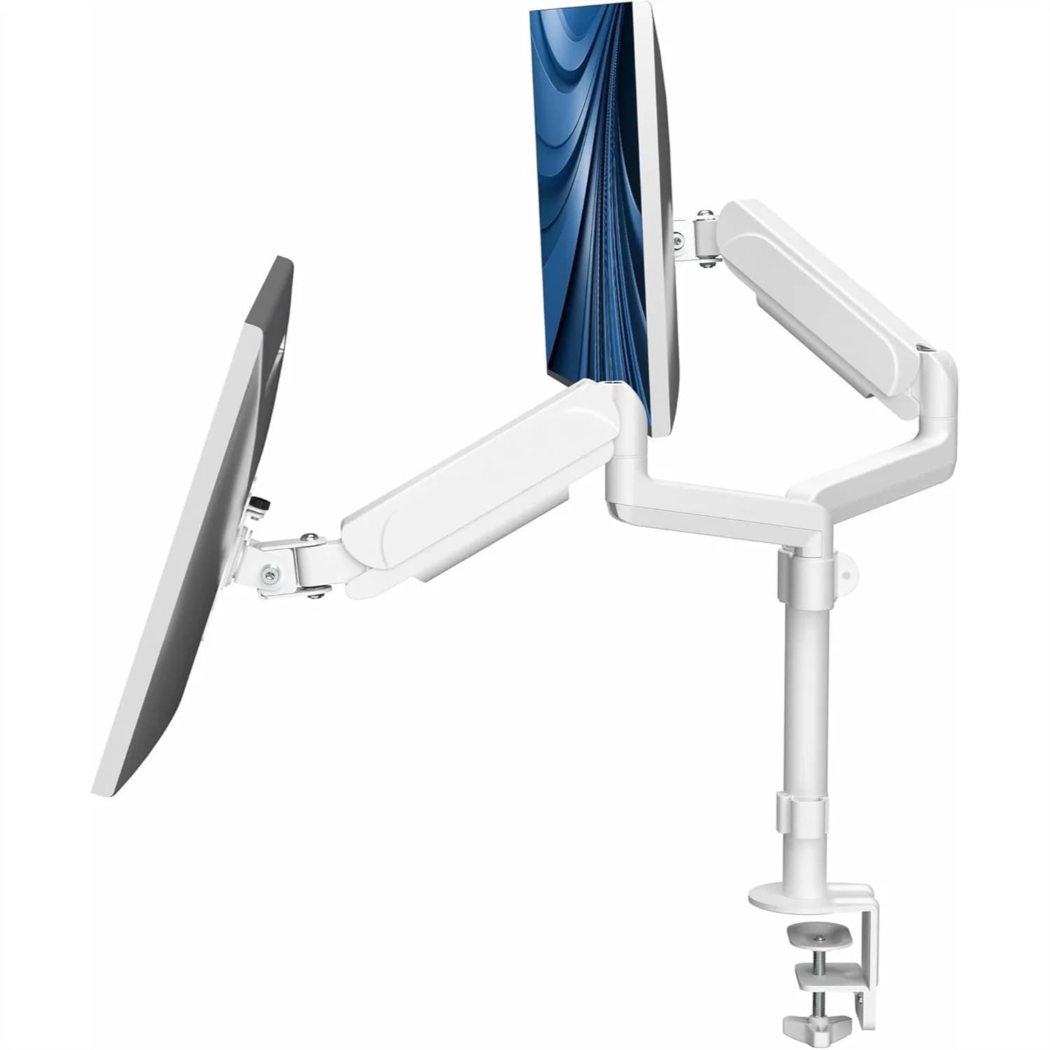 Supporto per monitor pneumatico doppio per schermi da 17-32 pollici, supporto da scrivania VESA resistente con morsetto a C e passacavo, bianco