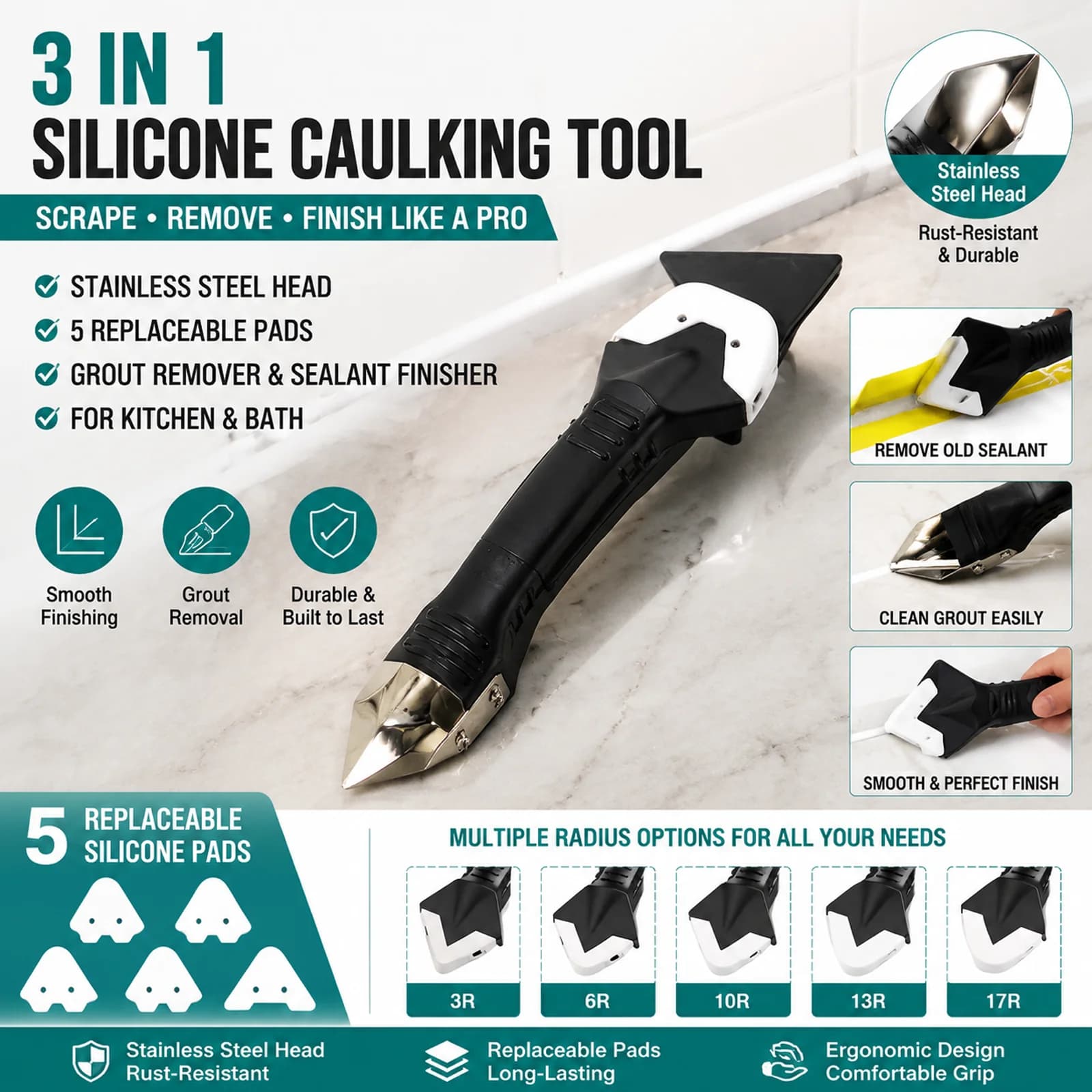 3 In 1 Sealing Tool Kit with 5 Silicone Bearings, Stainless Steel Sealant Removal Tool and Kitchen Row Scraper, Bathroom and Windows