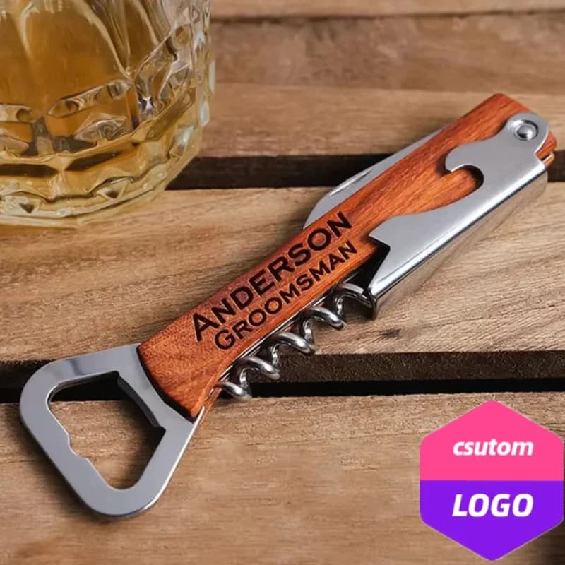 Custom Stainless Steel LOGO Customized Laser Multifunctional Wooden Bottle Openers for Wine and Beer for Wooden Wedding Engraving
