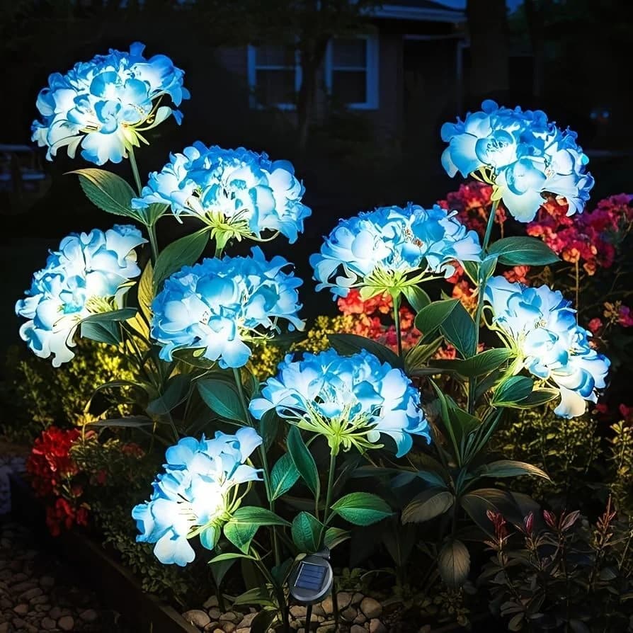 LED Solar Lamp for Exterior with 3 Simulated Ortensia Flowers, Garden Decoration, Patio, Ramadan, Summer Holidays and Weddings