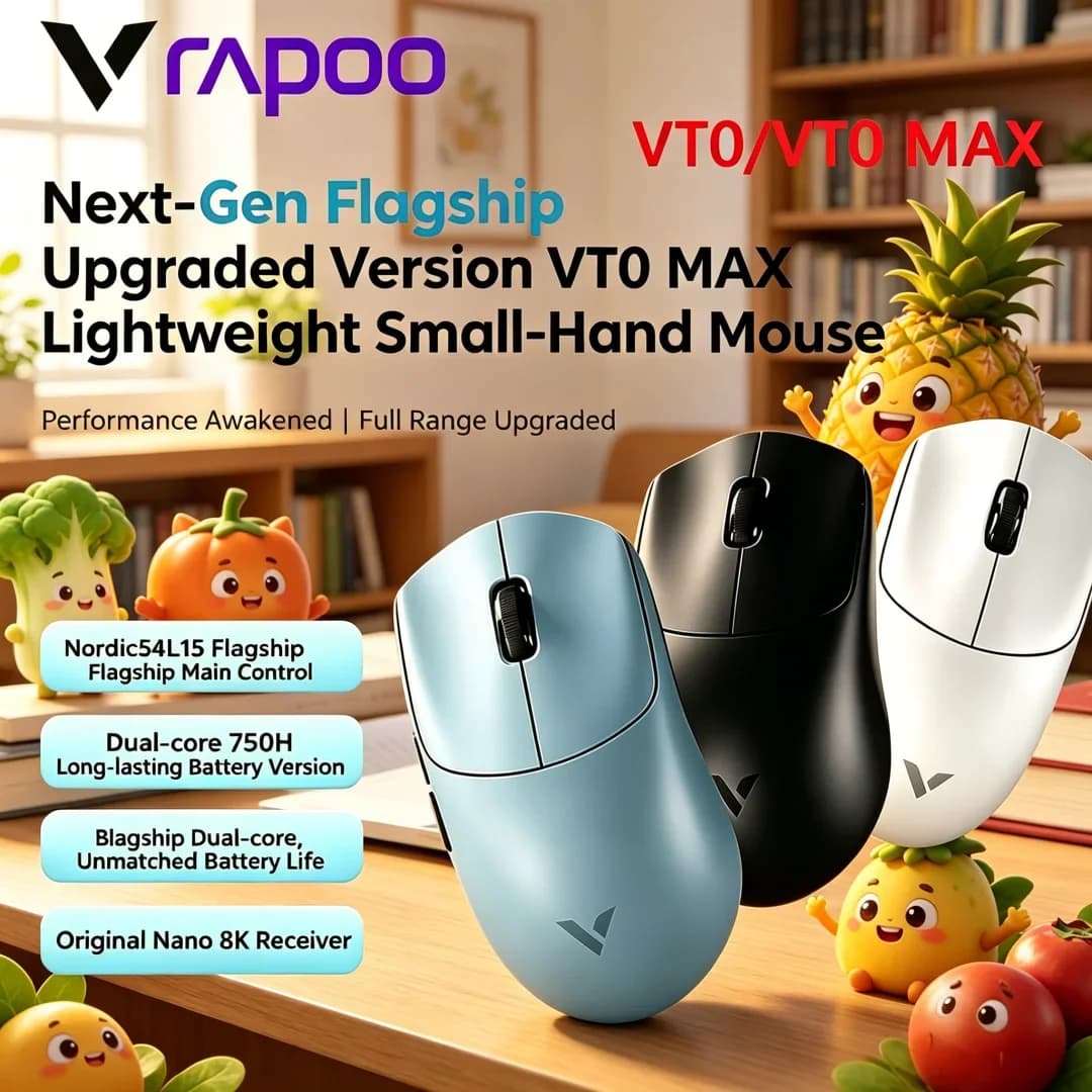 Mouse da Gaming Wireless Majestic Rapoo VT0 MAX con Chip PAW3950 PAW3398 Nordic54L15, Doppia Frequenza 8KHz, 45000DPI, Ergonomico per FPS