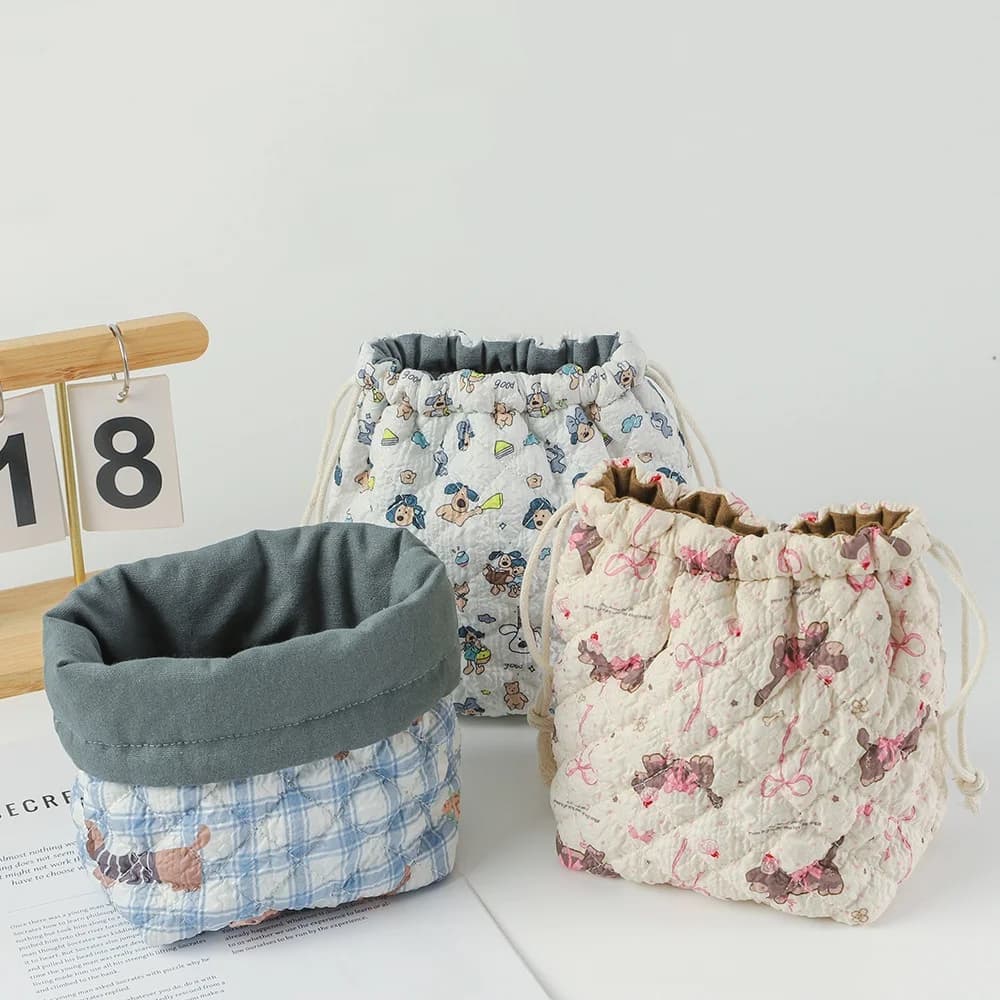 Borsa per trucco trapuntata con coulisse, contenitore per disordine da tavolo, borsa per riporre pennelli per trucco, borsa antigoccia per fotocamera da viaggio